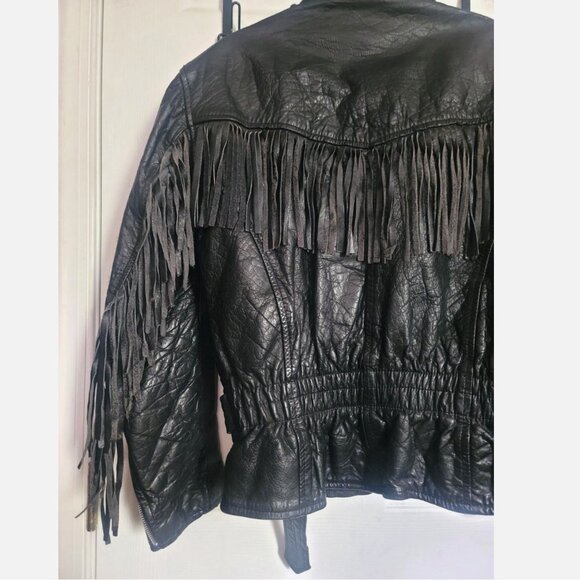VTG Women’s Black Fringed Leather Heavy Biker Motorcycle Jacket Size S Hudson - Picture 5 of 14